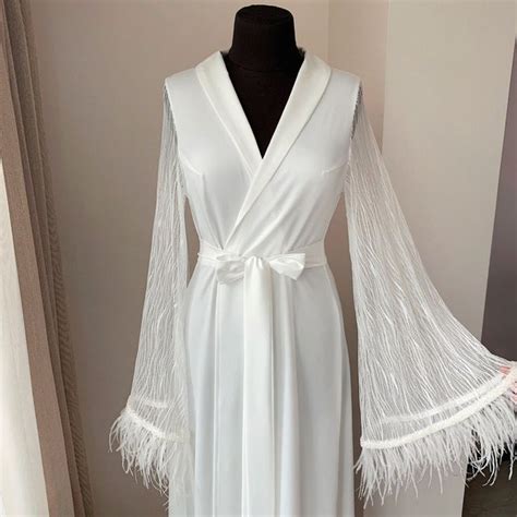 Long Bridal Robe With Lace Maxi Robe With Feather Wedding Etsy Long