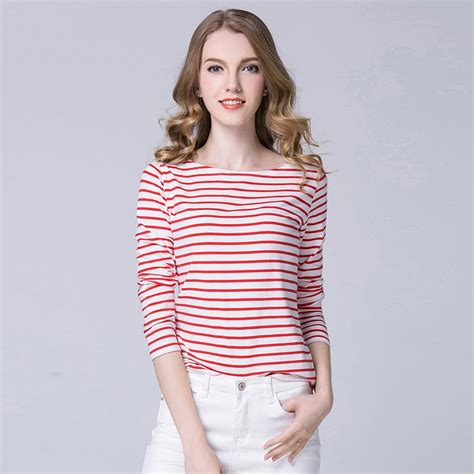 Women Red And White Striped Tops Ladies Plus Size Cotton Shirts Elegant Long Sleeve Base Shirt 4