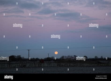 Full Moon Setting Against Dawn Sky Stock Photo Alamy