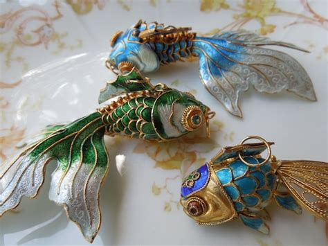 Vintage Cloisonne Articulated Koi Fish Pendants Charms