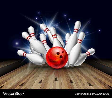 Red Bowling Ball Crashing Into Pins On Bowling Vector Image