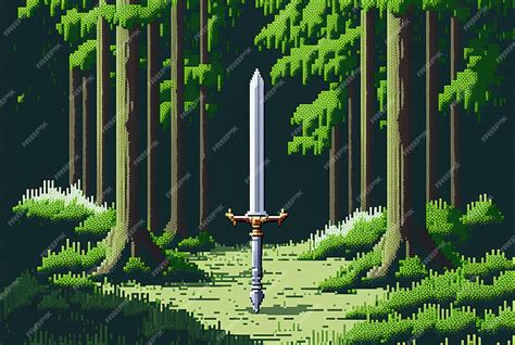 Premium Ai Image Pixel Art Sword Stuck In Stone In Forest Excalibur