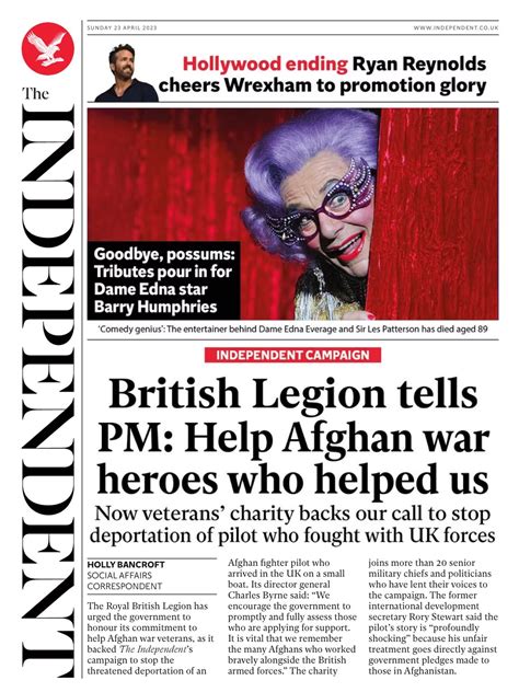 Independent On Sunday Front Page Rd Of April Tomorrow S Papers
