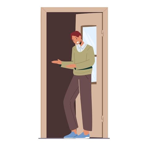 Premium Vector Friendly Male Character Invite Into Open Door Man