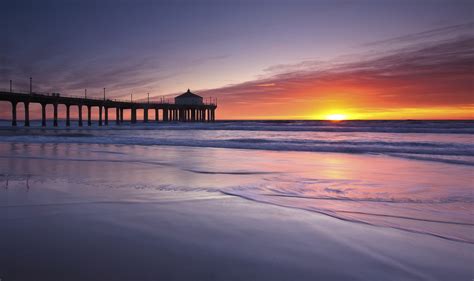 Ocean Usa Pier Bridge Beach Sea Sunset Waves Wallpapers Hd