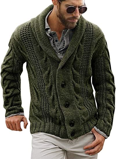 Karlywindow Mens Cable Knit Cardigan Sweater Shawl Collar Loose Fit