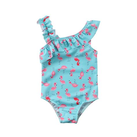 New Girls Swimsuit Kids Bathing Suit Ruffle Flamingo Print Swimwear