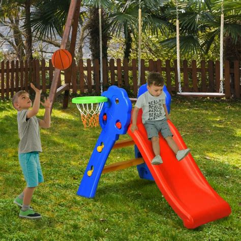 Children Slide W Basketball Hoop Folding Non Slip Ladder 2 Step Kids