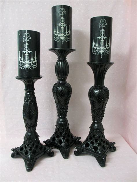 Set Of 3 Tall Black Glossy Pillar Candle Holders By Hauteglam 7500