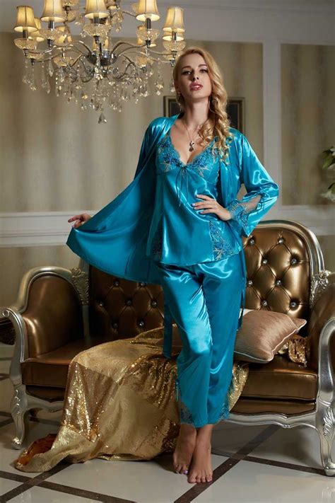 Silk Blend Gorgeous Women Sleepwear Lace Sleep Tops Pants Robe Pajama
