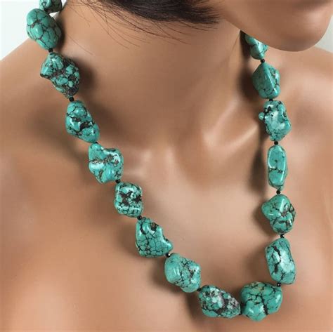 Long Chunky Turquoise Nuggets Necklace Statement Necklace Etsy