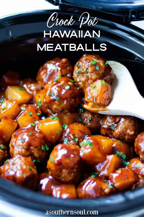 Crock Pot Hawaiian Meatballs In A Slow Cooker With A Wooden Spoon And