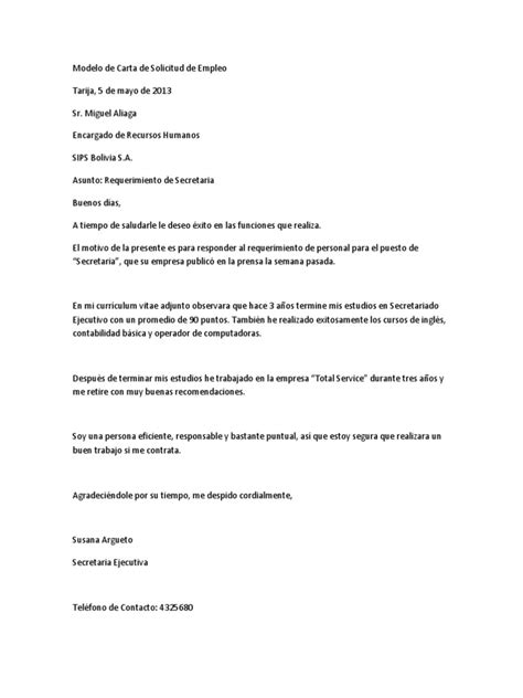 Modelo De Carta De Solicitud De Empleo