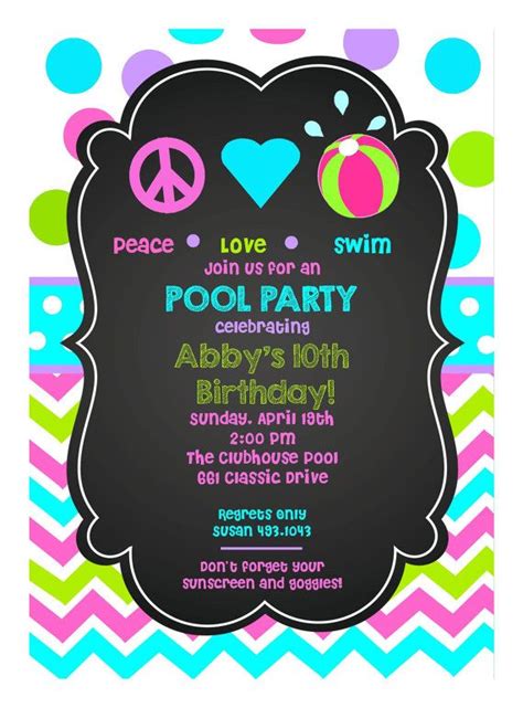 Personalized Girls Peace Love Swim Birthday Party Digital Invitation