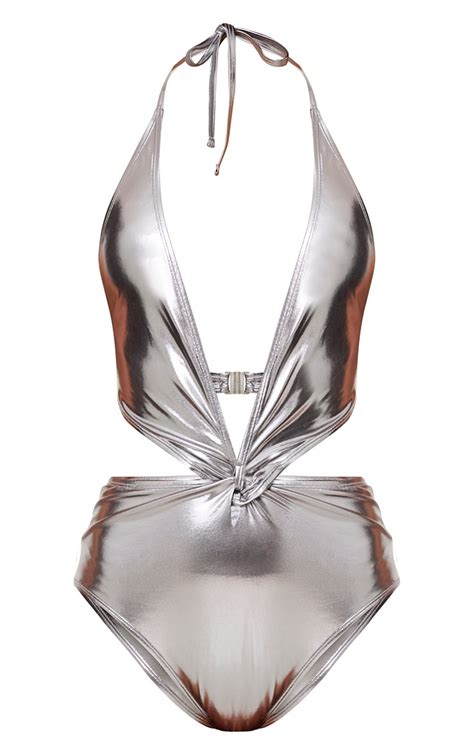 Ronnie Silver Metallic Knot Front Swimsuit Prettylittlething