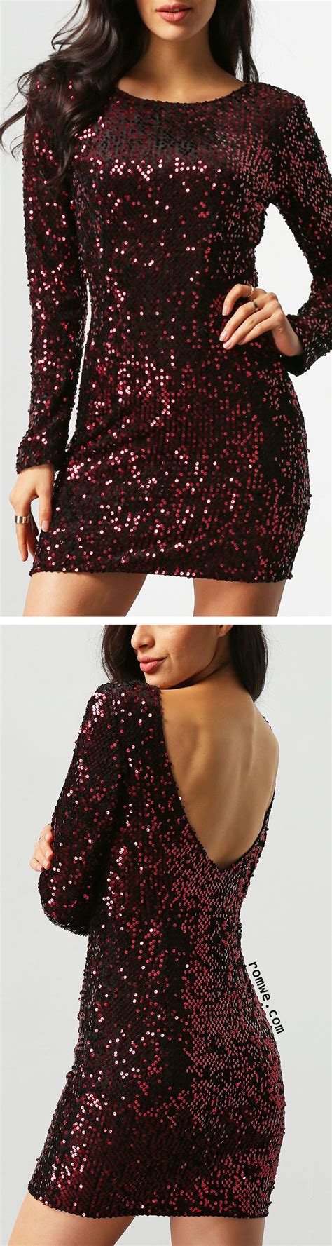 Wine Red Long Sleeve Sequined Backless Dress Fancy Dresses Long