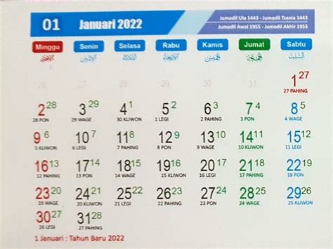 Simak Kalender Januari 2022 Lengkap Dengan Pasaran Jawa Tanggalan