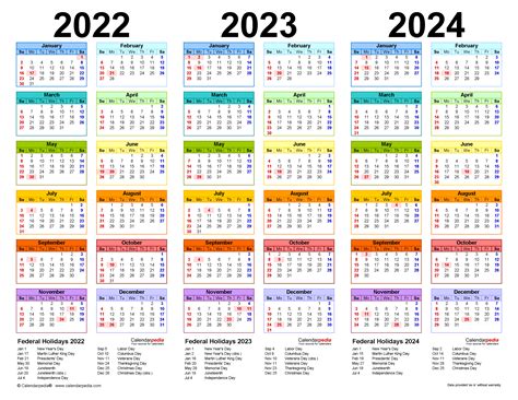 Only common local holidays are listed. 2022-2024 Three Year Calendar - Free Printable PDF Templates