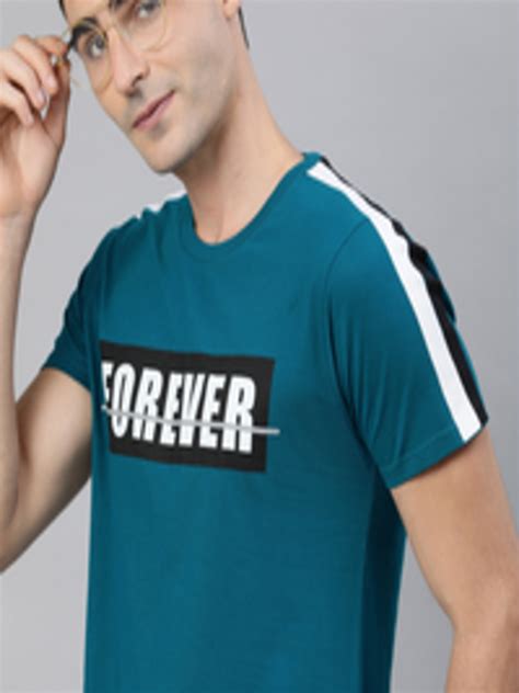 Buy Herenow Men Teal Blue Printed Round Neck Pure Cotton T Shirt