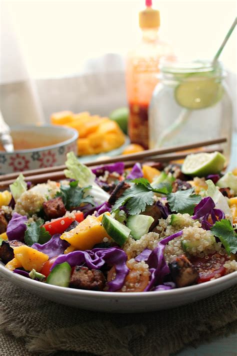 Thai Rainbow Quinoa Tofu Salad With Spicy Peanut Dressing Earthly Taste