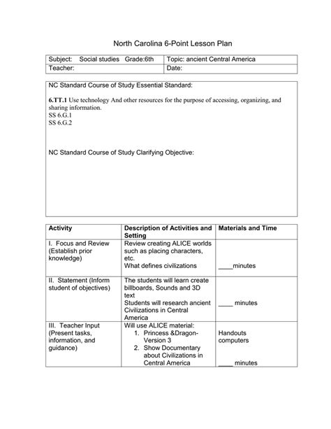 Nc Lesson Plan Template