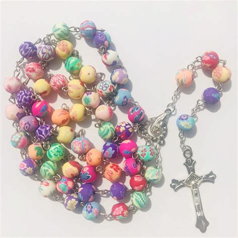 8mm Colorful Polymer Clay Bead Rosary Pendant Necklace Alloy Cross