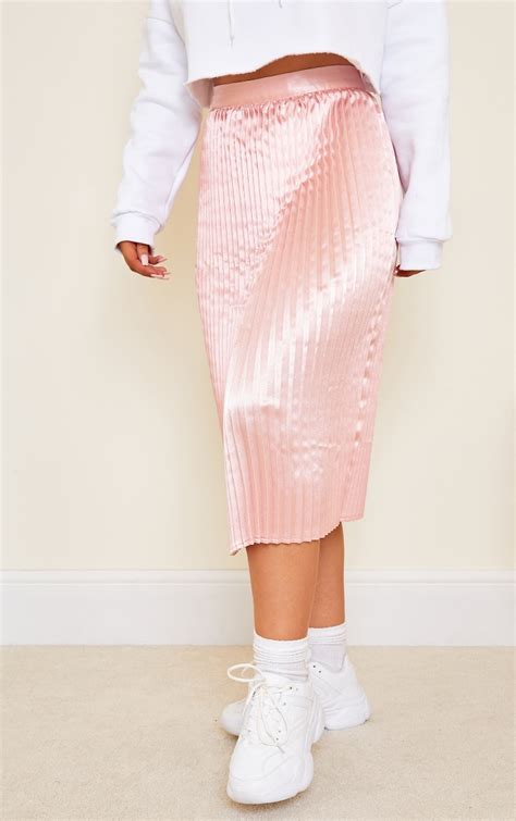 Pink Satin Pleated Midi Skirt Skirts Prettylittlething