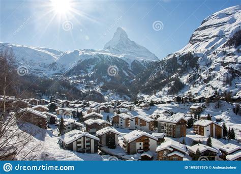 Zermatt City And Matterhorn Sun View Winter Snow Landscape Swiss Alps