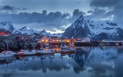 Wallpaper Norway Pier Boats Houses Mountains Snow Winter Night