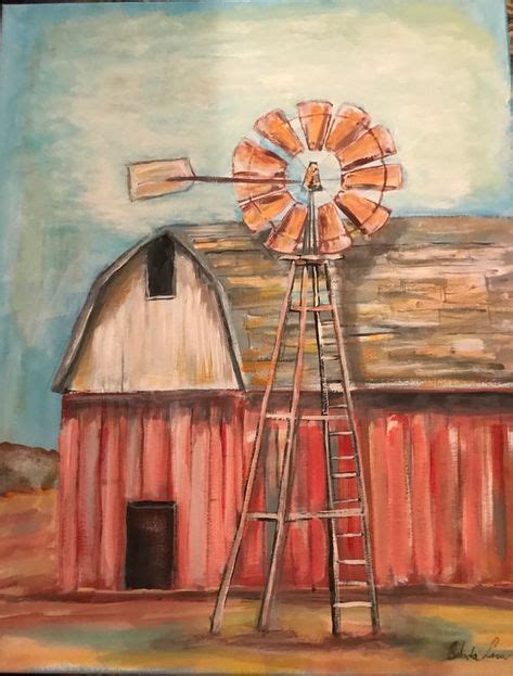 Folk Art Decor Red Barn And Windmill Primitive Original Painting On