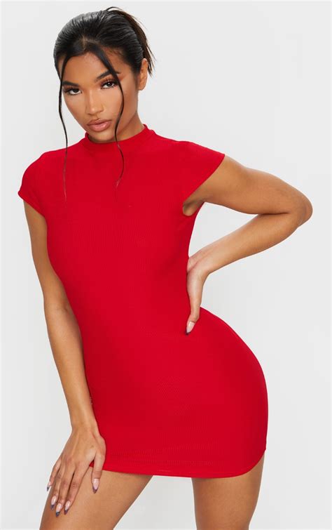 red high neck ribbed bodycon dress dresses prettylittlething