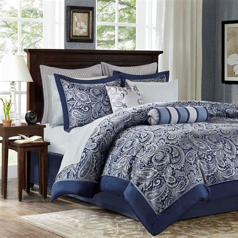 12pc Navy Blue Paisley Jacquard Weave Comforter Set And Sheet Set