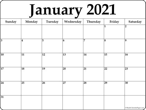 Monthly, yearly or blank calendar. January 2021 blank calendar collection.