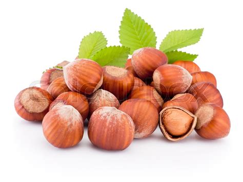 Hazelnuts With Green Leaves Isolated On Stock Image Colourbox