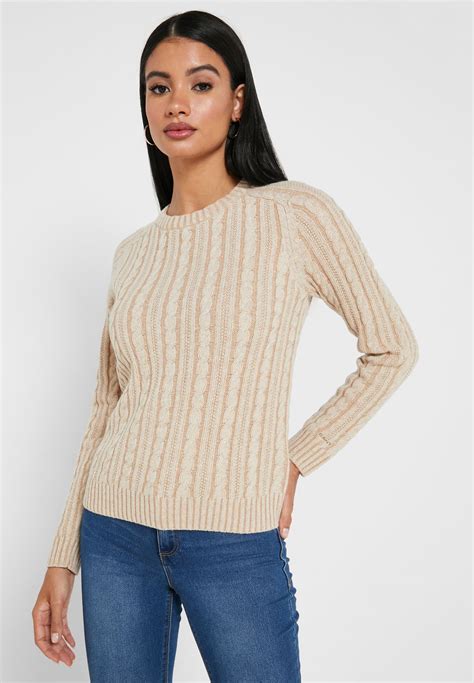 Buy Gant Beige Cable Knit Crew Neck Sweater For Women In
