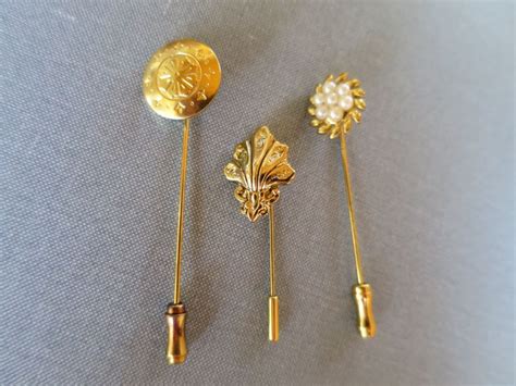 Vintage 3 Stick Pins Brooch Group Gold Tone W End Caps Etsy Stick