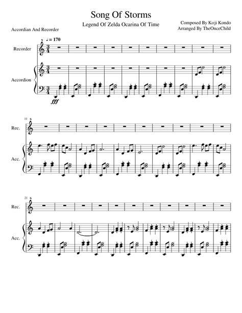High quality piano sheet music for song of storms by zelda. Song Of Storms Sheet music for Recorder, Accordion (Mixed Duet) | Musescore.com