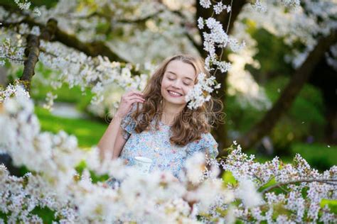 Beautiful Woman In Blooming Cherry Garden Stock Image Image Of