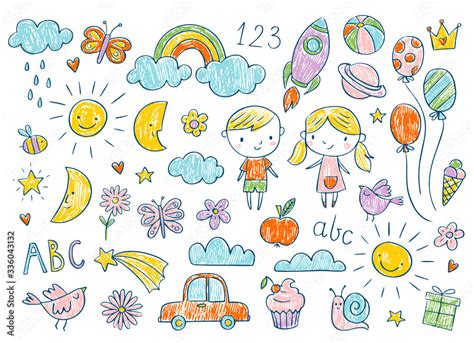 Vector Hand Drawn Kids Doodle Set Drawings For Children In Color On