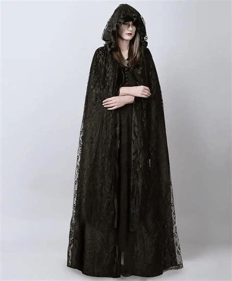 Steampunk Womens Witch Cape Black Hooded Lace Long Coat Priestess