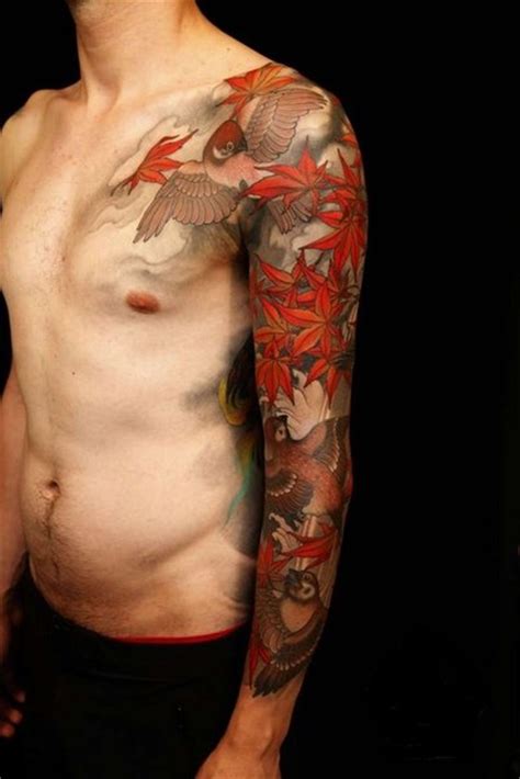Autumn Leaves Sparrows Tattoo Sleeve Best Tattoo Ideas