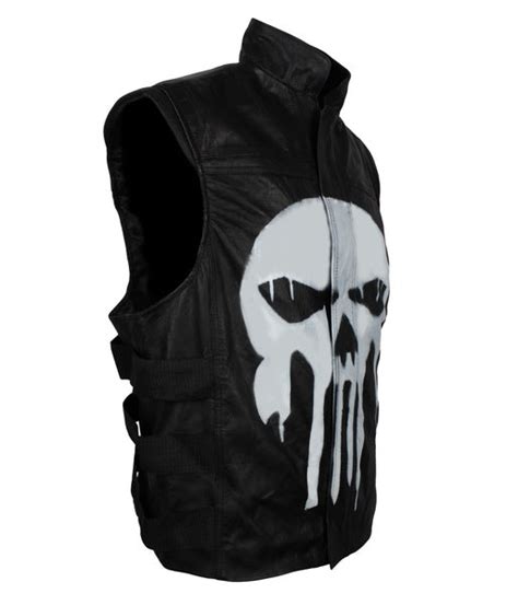 Mens Black Punisher Skull Genuine Leather Vest Alex Gear