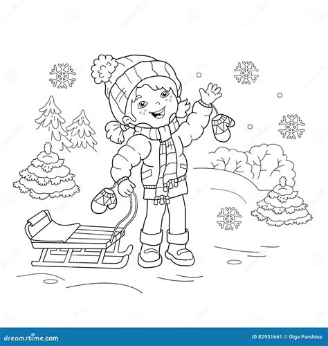 Coloring Page Outline Of Cartoon Girl With Sled Winter