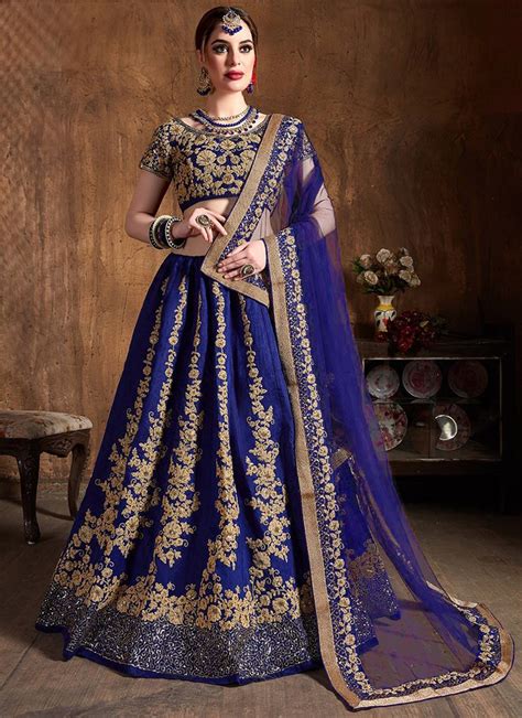 Buy Navy Blue Art Silk A Line Lehenga Wedding Wear Embroidered