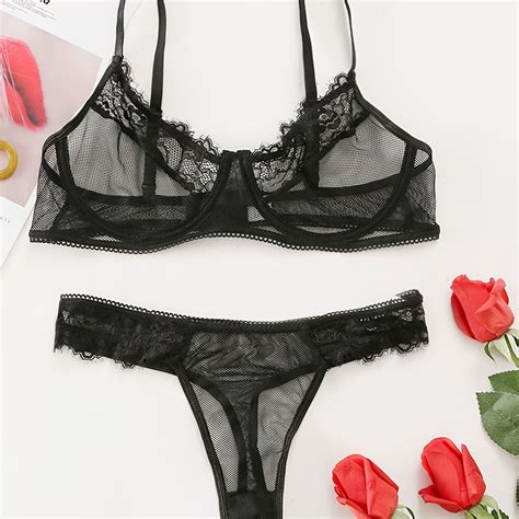 Sexy Lace Eyelash Matching Lingerie Set Spaghetti Strap Sheer Bra