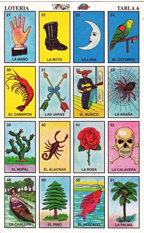 A piece of heavy paper imprinted using a picture and utilized to send a message or greeting; Mexican loteria cards, the complete set of 10 tablas, printable digital downloads for arts and ...