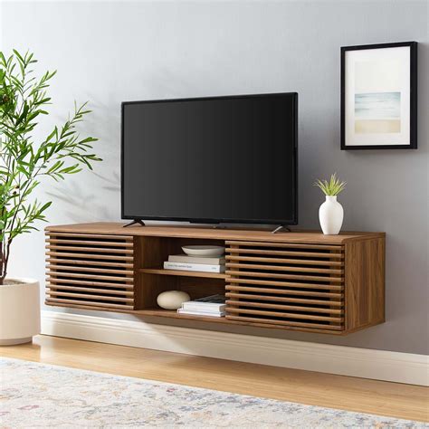 modway render 60 wall mount media console tv stand in walnut