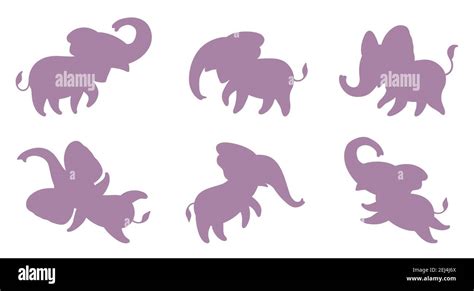 Set Of Pink Silhouettes Of Little Elephants Cute Cartoon Elephants In