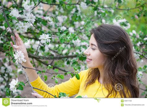 Beautiful Woman Near Blossoming Tree In Spring Stock Image Image Of Casual Garden 63971759