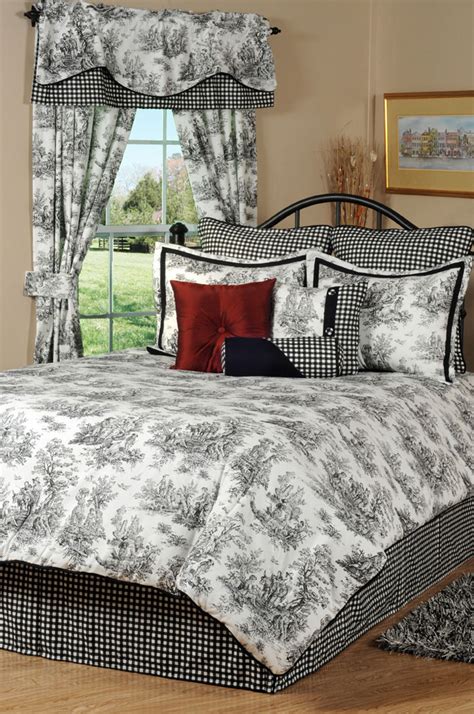 The curtains have a plaid design of white and black hues. Jamestown Toile by Victor Mill - BeddingSuperStore.com
